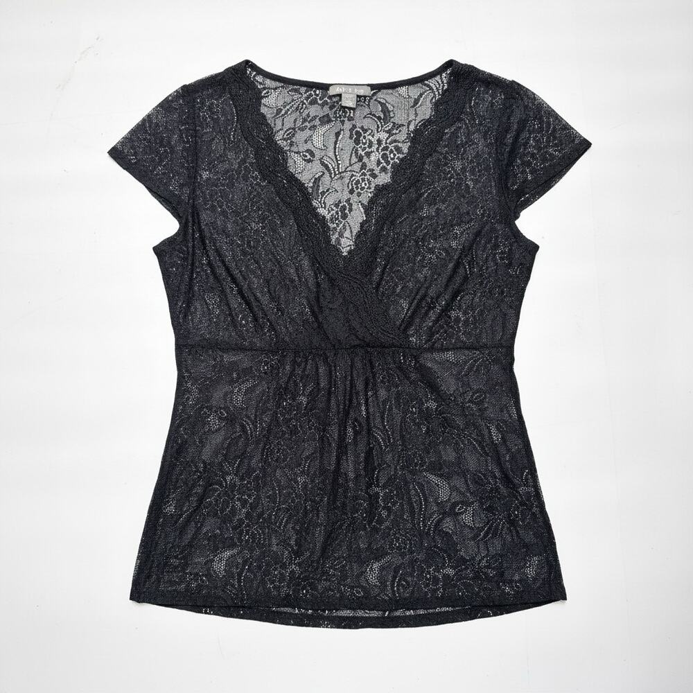 Apt.9 Stretch Charcoal Black Metallic Lace Empire- Waist Peplum Top Size Medium